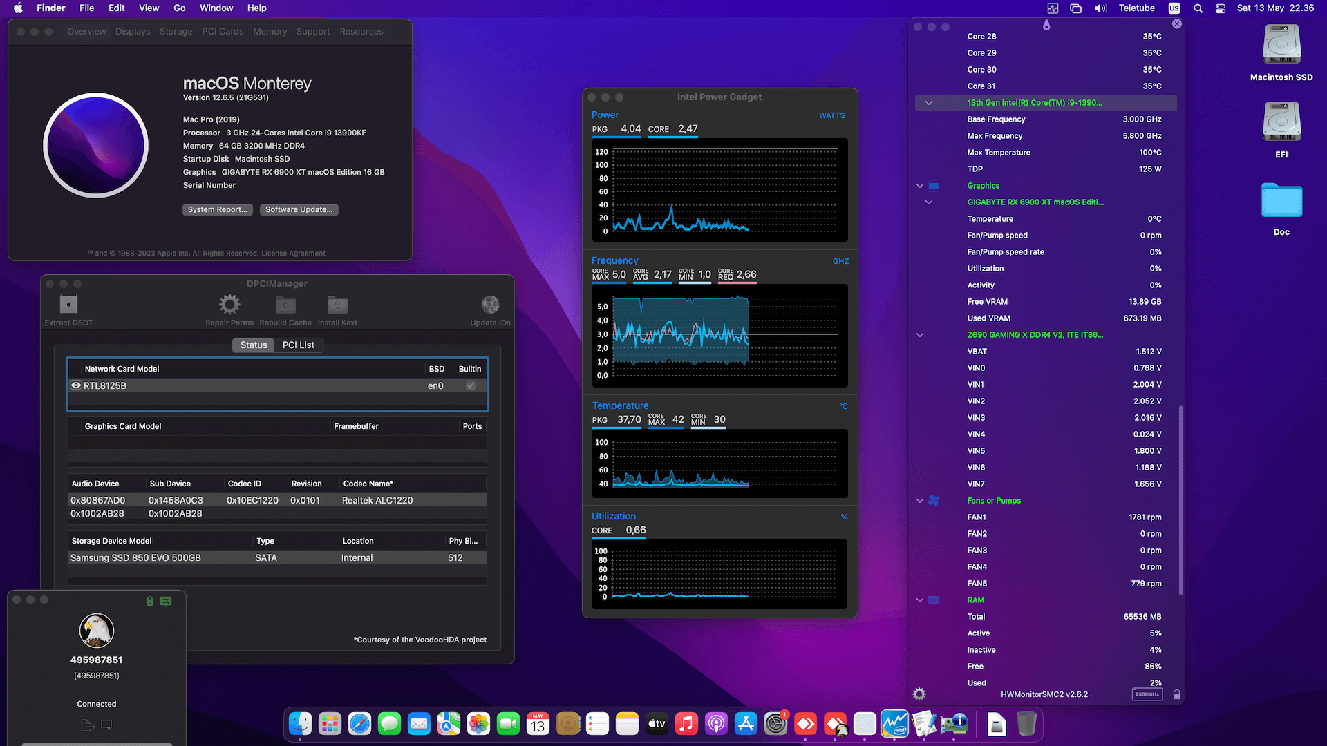Success Hackintosh macOS Monterey 12.6.5 Build 21G531 in Gigabyte Z690 Gaming X DDR4 + Intel Core i9 13900KF + Gigabyte RX 6900 XT
